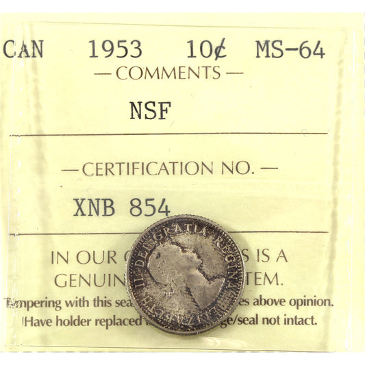1953 NSF Canada 10-cents ICCS Certified MS64 (toned)