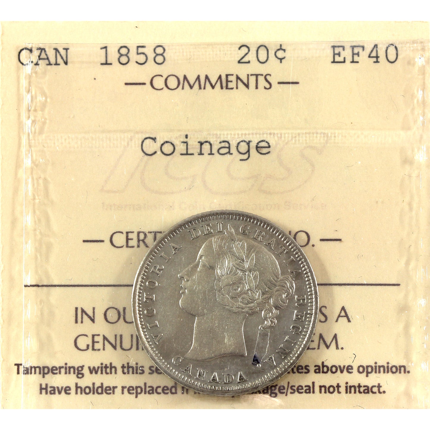 1858 Coinage Canada 20-cents ICCS Certified EF40 (cleaned)
