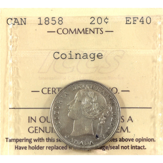 1858 Coinage Canada 20-cents ICCS Certified EF40 (cleaned)