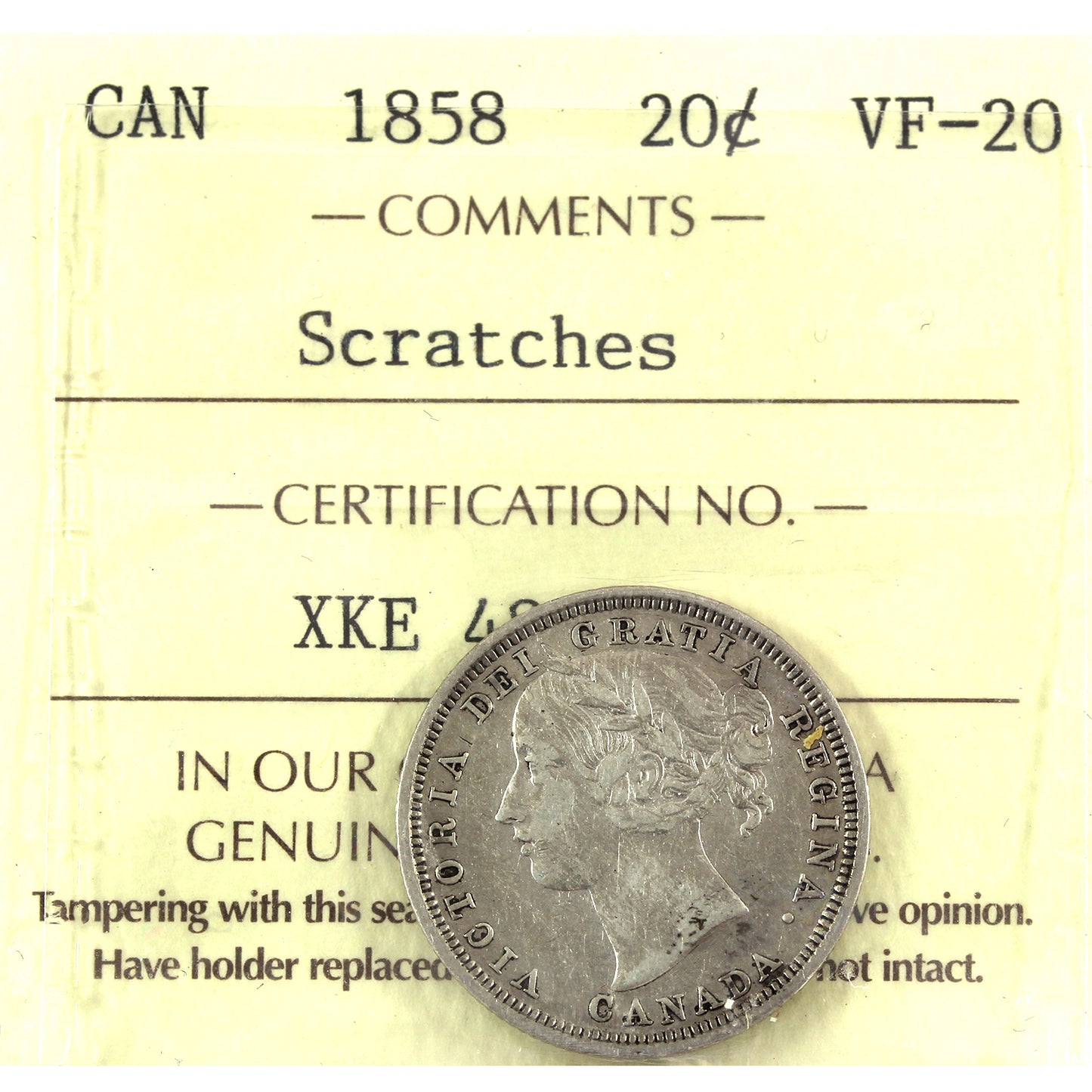 1858 Canada 20-cents ICCS Certified VF20 (scratches)