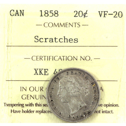 1858 Canada 20-cents ICCS Certified VF20 (scratches)