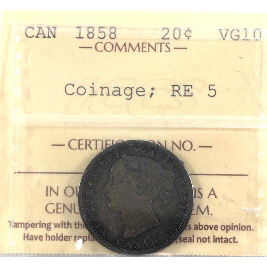 1858 Coinage, RE 5 Canada 20-cents ICCS Certified VG10 (toned)
