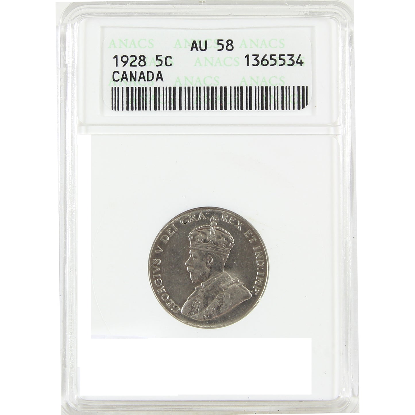 1928 Canada 5-cents ANACS Certified AU58