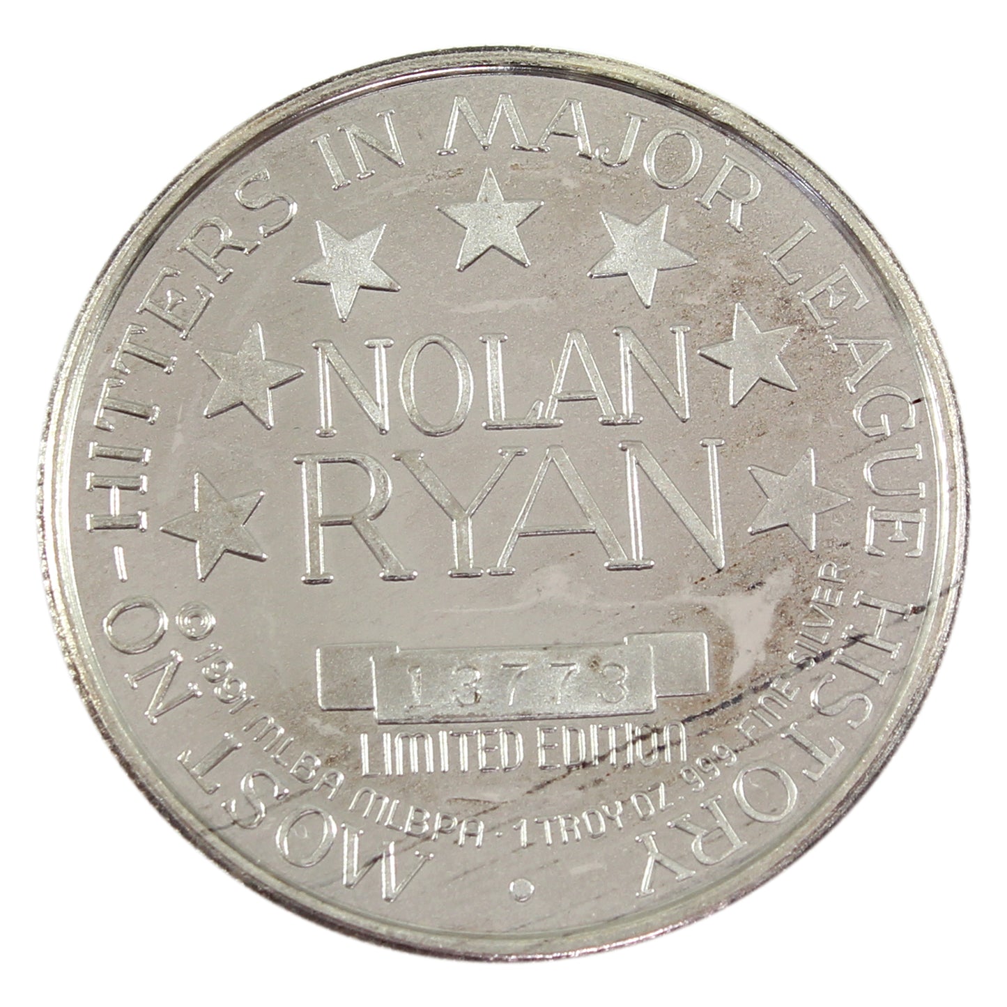 1991 Most No-Hitters in Major League History Nolan Ryan 1oz. .999 Silver Round (No Tax)