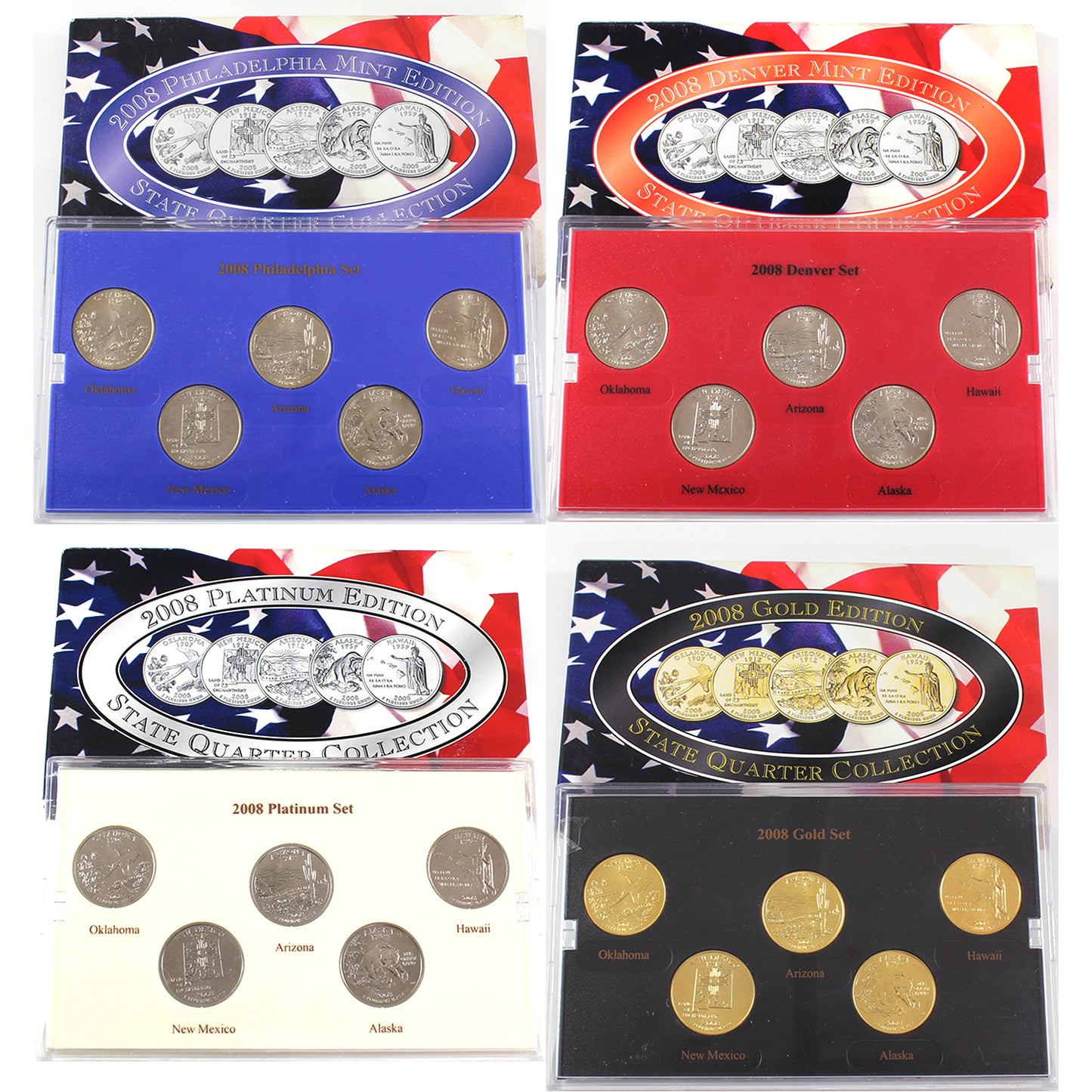 Lot of 4x 2008 USA P, D, Gold, & Platinum State Quarters Collections (scuffed) 4pcs