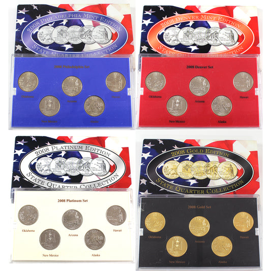 Lot of 4x 2008 USA P, D, Gold, & Platinum State Quarters Collections (scuffed) 4pcs