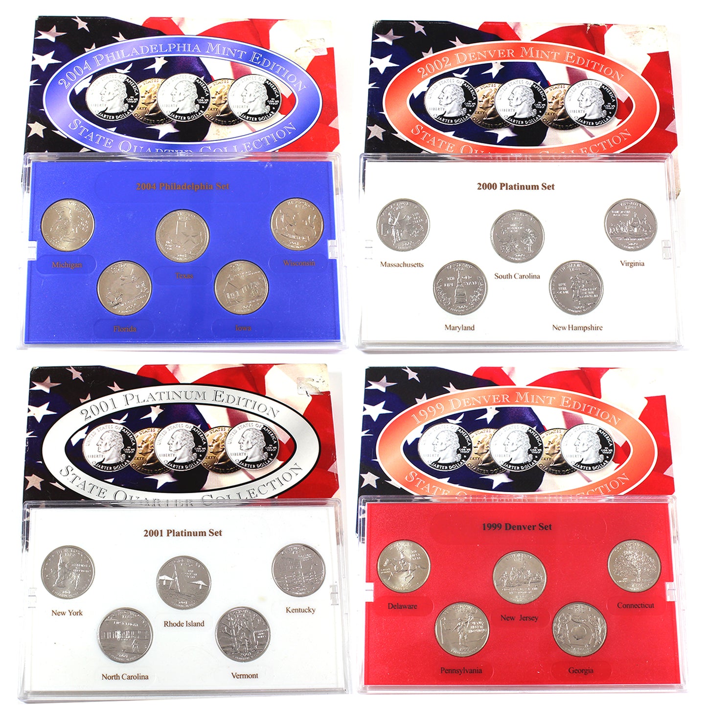 Lot of 4 1999-2004 USA P, D, & Platinum Edition State Quarter Collections (scuffed) 4pcs