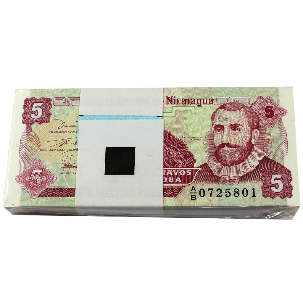 Bundle of 100x Nicaragua 1991 ND 5 Centavo Bank Note, UNC, 100pcs