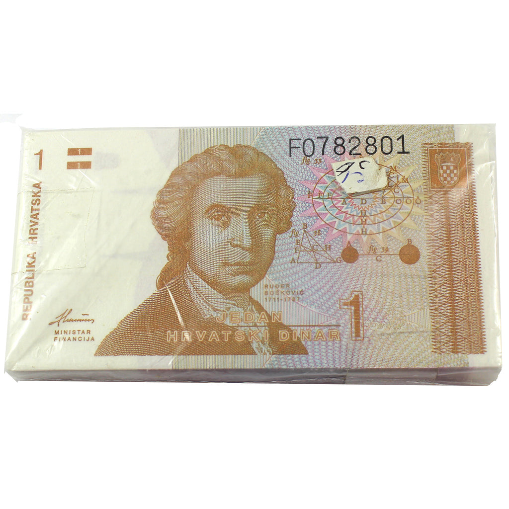 Bundle of approx. 100x Croatia 1991 1 Dinar Notes, ~100pcs (Sealed)