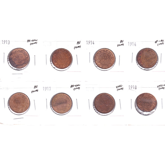 Group Lot of 8x 1913-1918 Canada 1-cents, EF-AU to UNC+, 4pcs (Impaired)