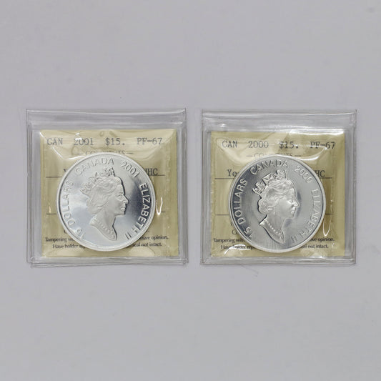 Pair of 2000 + 2001 Canada $15 Lunar New Year .925 Silver ICCS Certified PF67 UHC, 2pcs