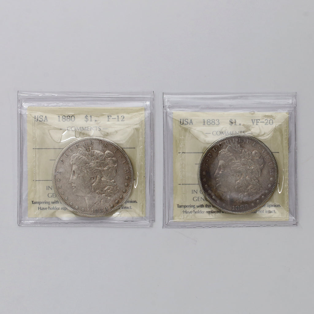 Pair of 1880 & 1883 USA Morgan Dollars ICCS Certified F12 & VF20, 2pcs