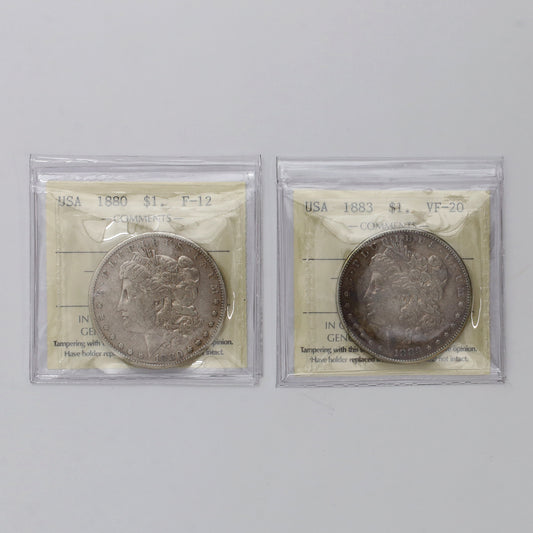 Pair of 1880 & 1883 USA Morgan Dollars ICCS Certified F12 & VF20, 2pcs