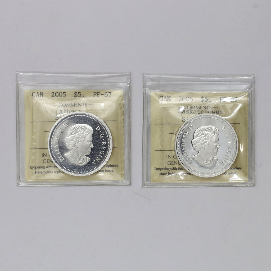 Pair of 2005 Canada $5 Prairies Centennial .999 Silver ICCS Cert. PF67 UHC, 2pcs (No Tax)