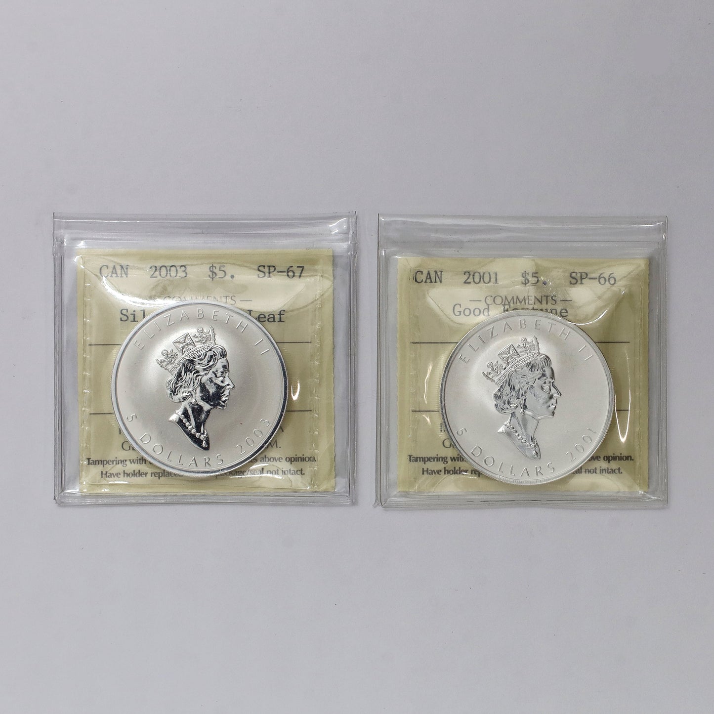 Pair of 2001 & 2003 Canada $5 Maple of Good Fortune ICCS Cert. SP66 & SP67 (No Tax)