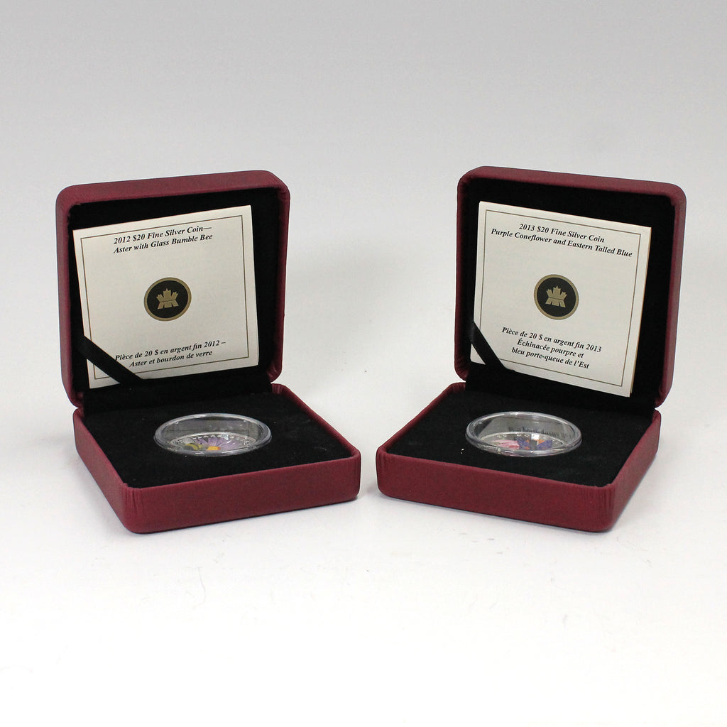 Pair of 2012-2013 Canada $20 Venetian Glass Fine Silver Coins, 2pcs (No Tax) Issues