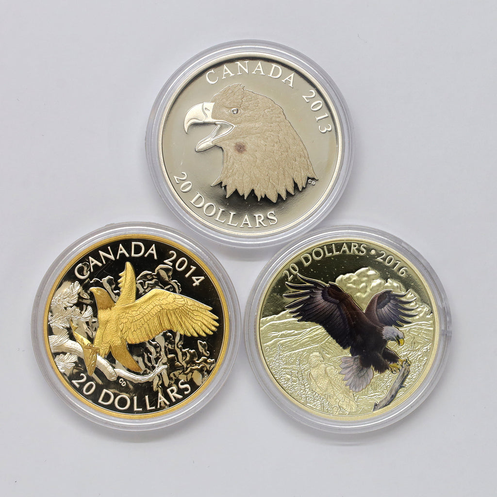Lot of 3x 2013-2016 Canada Bald Eagle Fine Silver Coins, 3pcs (No Tax) Coins Only, Issues