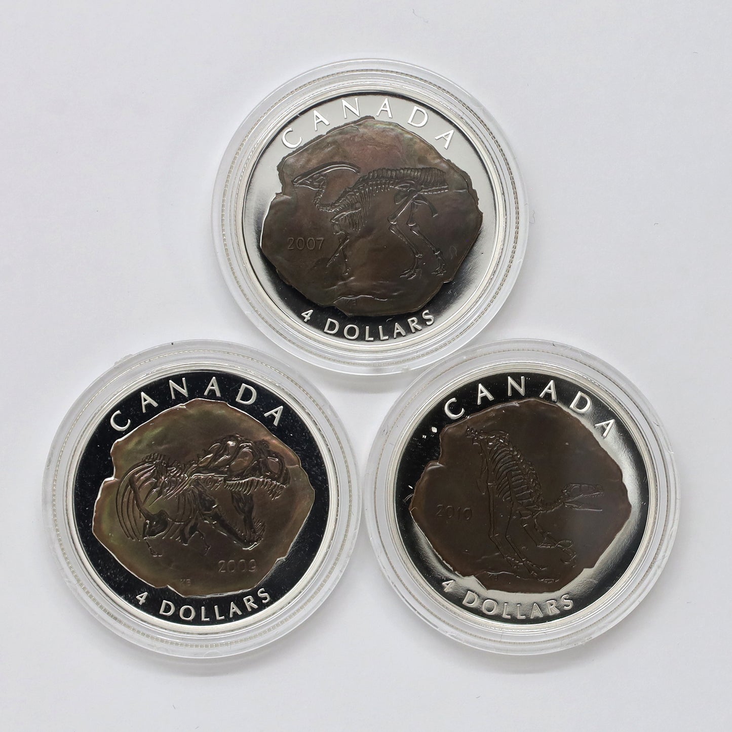 Lot of 3x 2007-2010 Canada $4 Dinosaur Fine Silver, 3pcs (No Tax) Coins Only, Scr. Caps