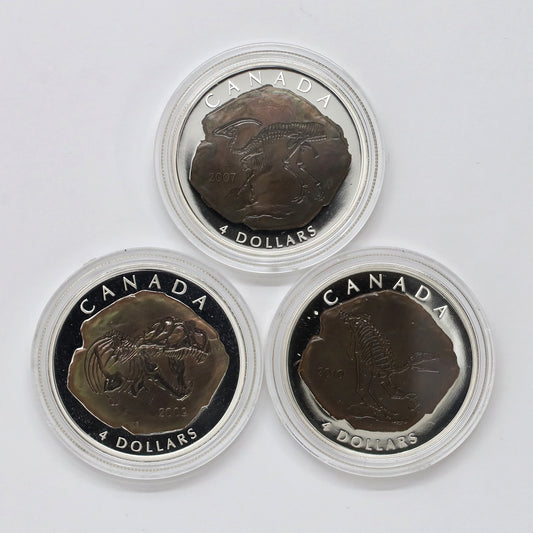 Lot of 3x 2007-2010 Canada $4 Dinosaur Fine Silver, 3pcs (No Tax) Coins Only, Scr. Caps