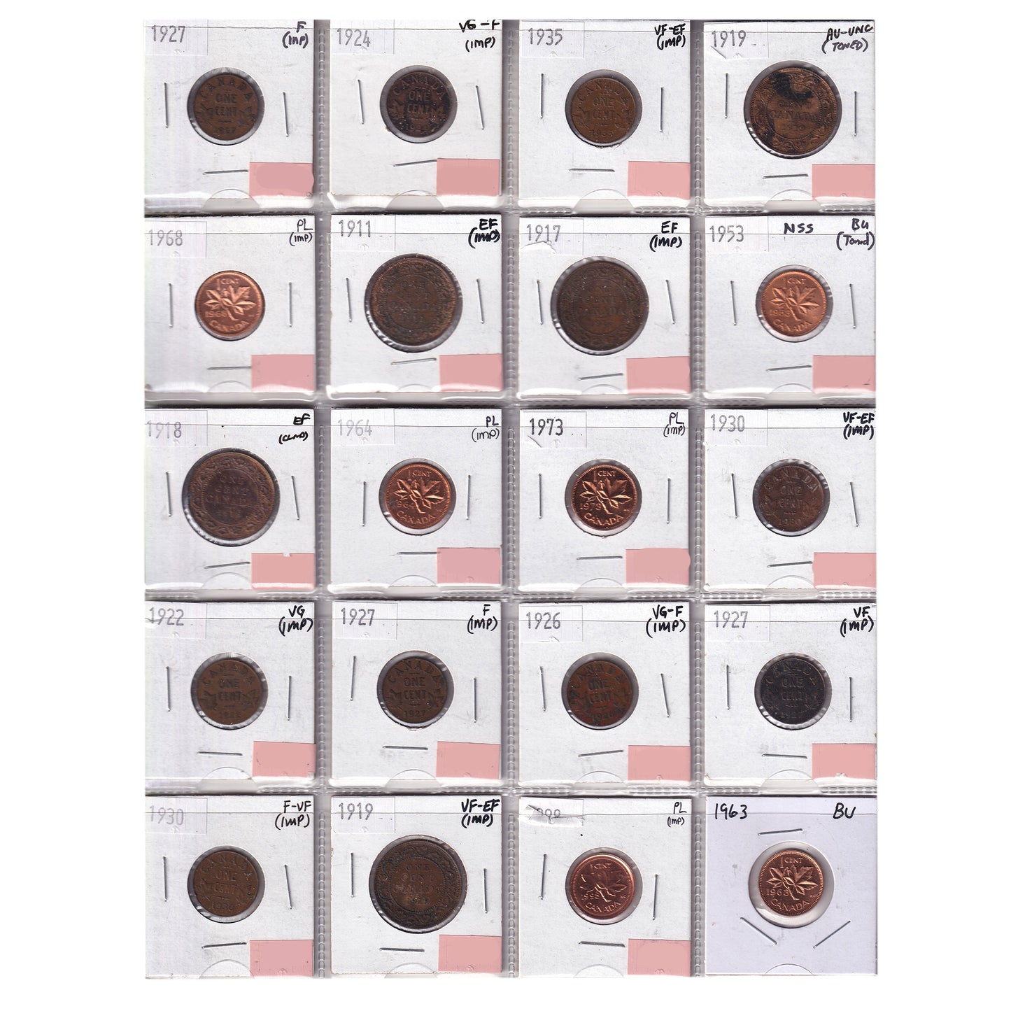 Group Lot of 20x 1911-1998 Canada 1-cents, VG to PL, 20pcs (toned, cleaned, or impaired)