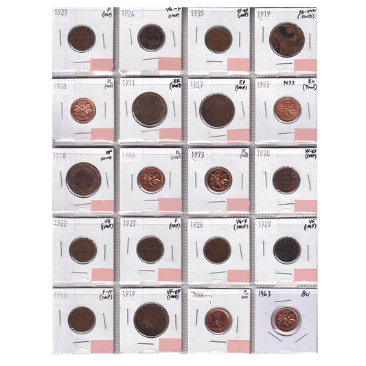 Group Lot of 20x 1911-1998 Canada 1-cents, VG to PL, 20pcs (toned, cleaned, or impaired)
