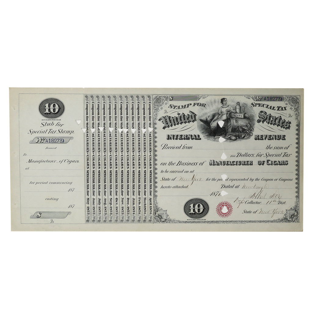 1874 USA $10 Manufacturer of Cigars Special Tax Stamp Certificate, Cancelled