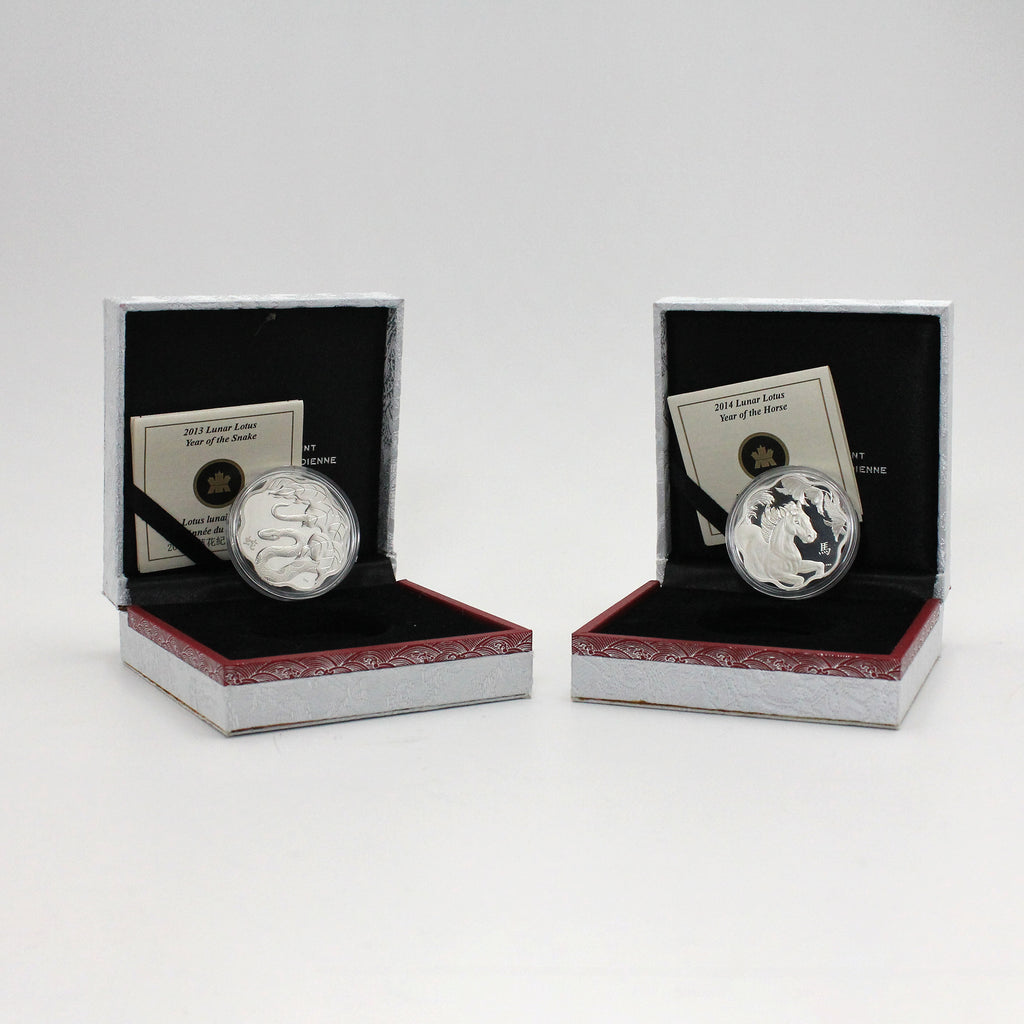Pair of 2013-2014 Canada $15 Lunar Lotus Snake & Horse Fine Silver, 2pcs (No Tax) Issues