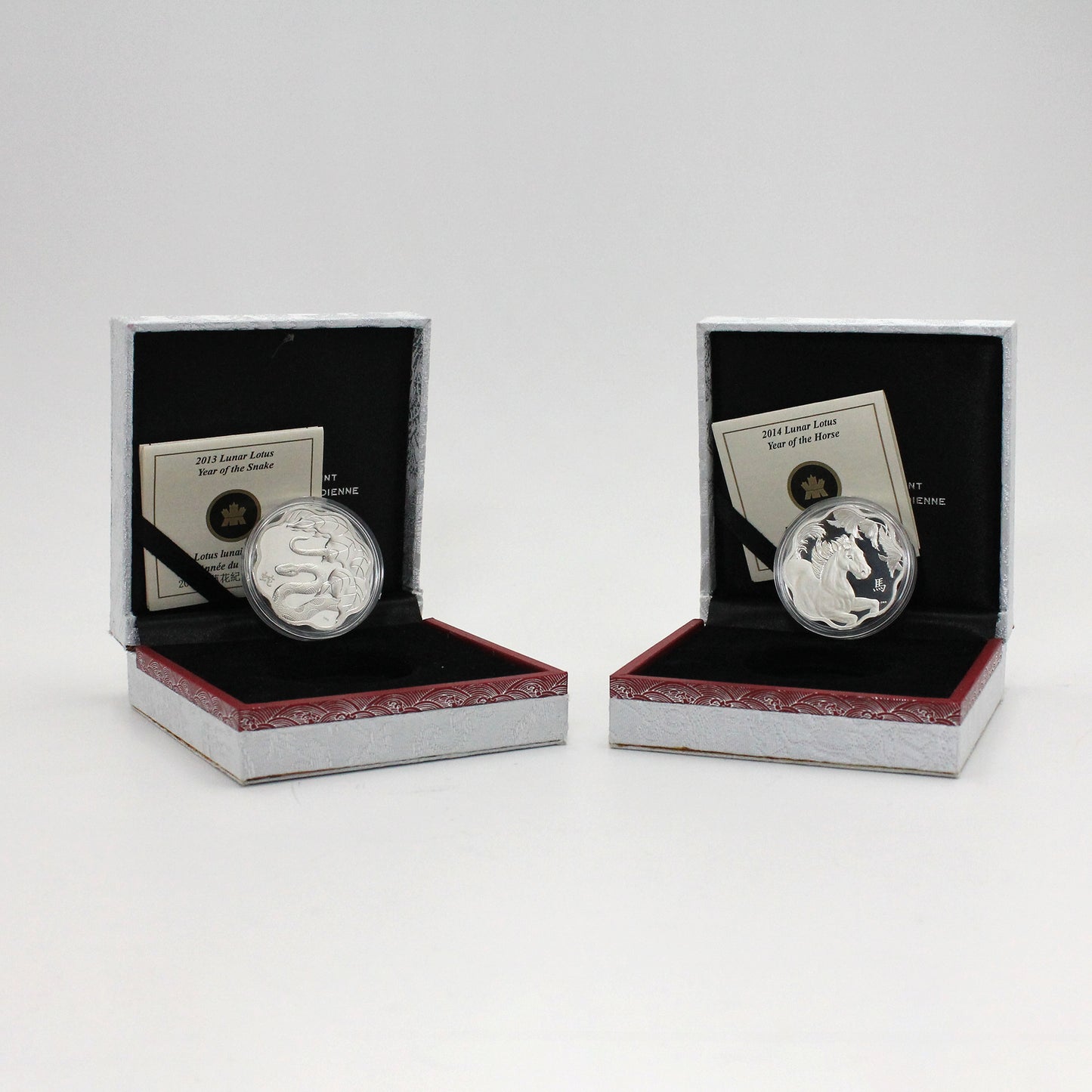 Pair of 2013-2014 Canada $15 Lunar Lotus Snake & Horse Fine Silver, 2pcs (No Tax) Issues