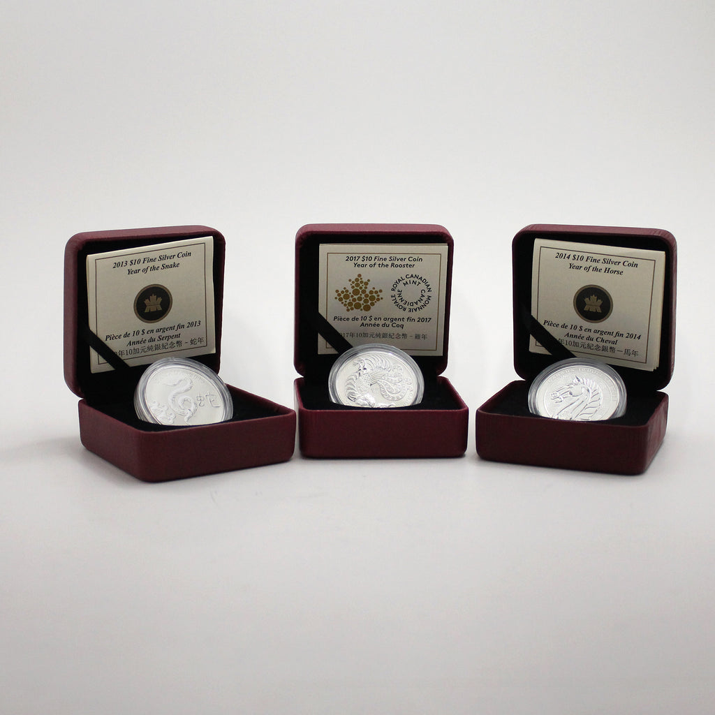 Lot of 3x 2013-2017 Canada $10 Chinese Zodiac Fine Silver Coins, 3pcs (No Tax) Issues