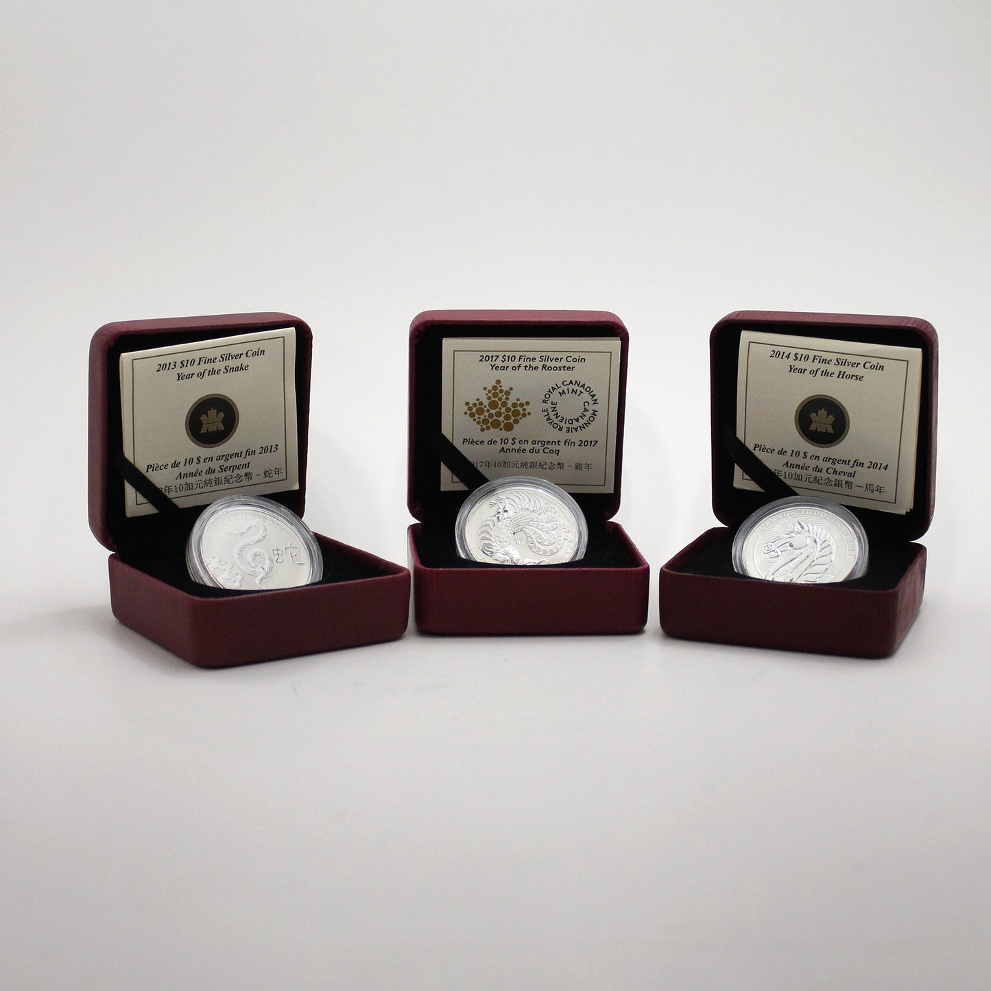 Lot of 3x 2013-2017 Canada $10 Chinese Zodiac Fine Silver Coins, 3pcs (No Tax) Issues