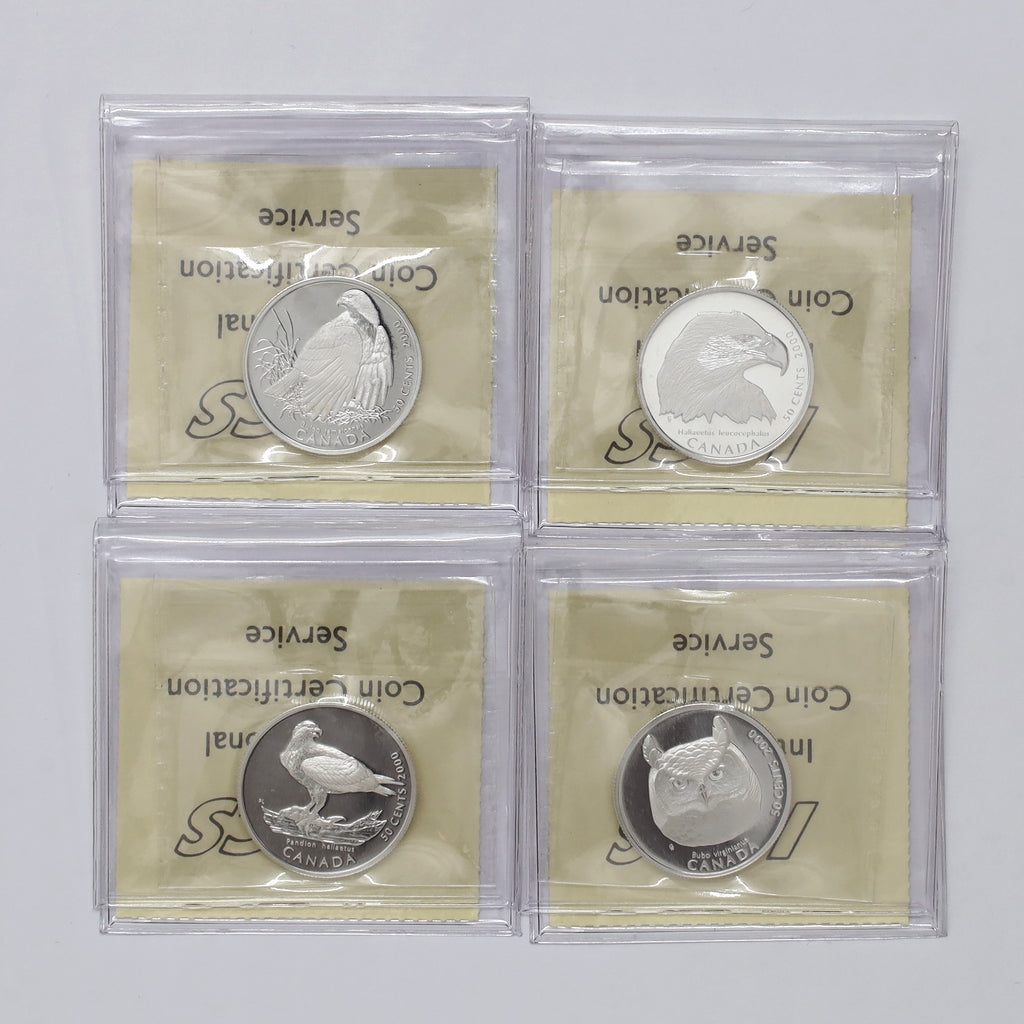 Lot of 4x 2000 Canada 50-cents Birds of Prey Proof 4-Coin Set ICCS Cert. PF67 UHC, 4pcs