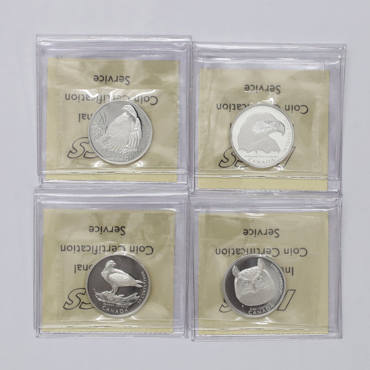Lot of 4x 2000 Canada 50-cents Birds of Prey Proof 4-Coin Set ICCS Cert. PF67 UHC, 4pcs