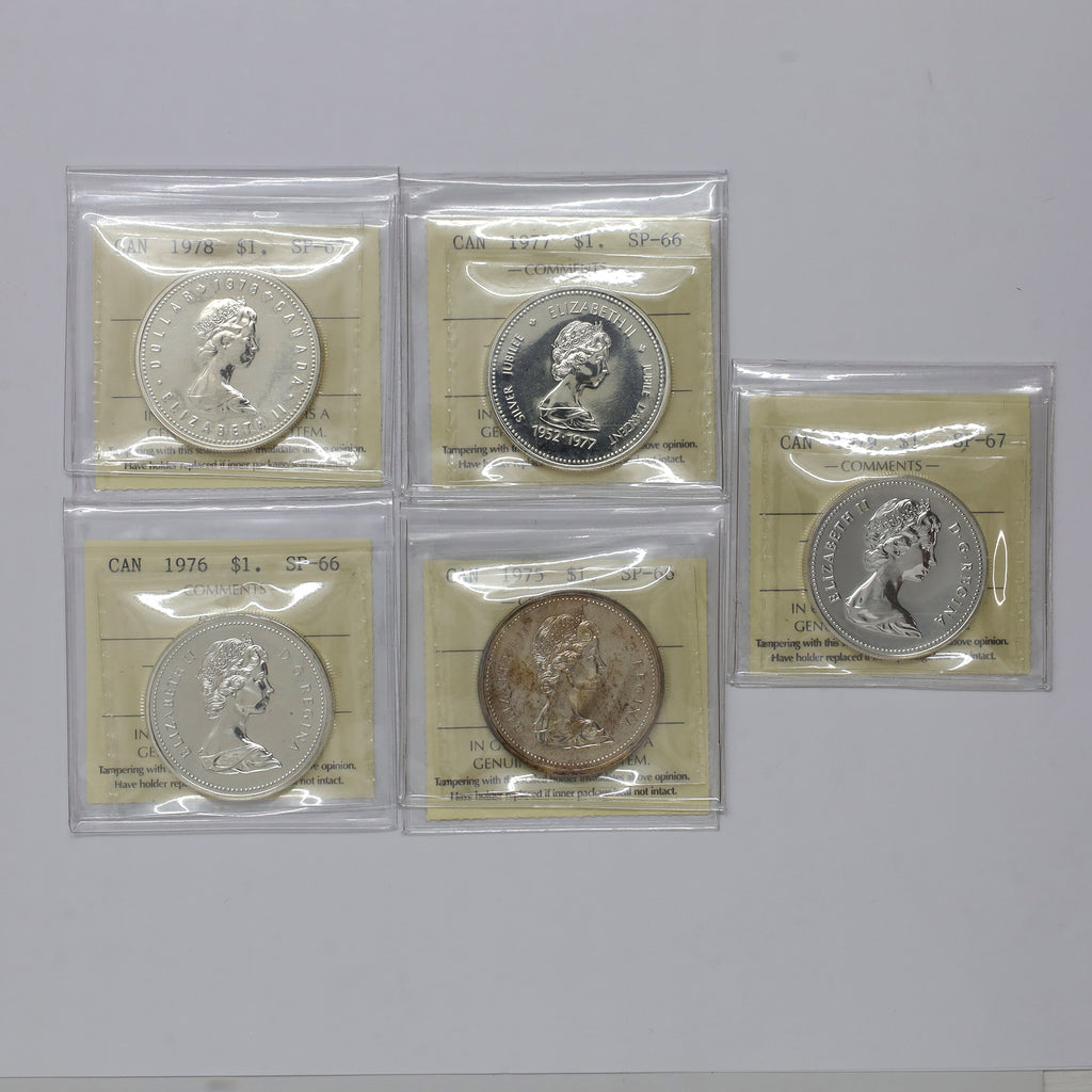 Lot of 5x 1975-1979 Canada Silver Dollars ICCS Certified SP66-SP67, 5pcs