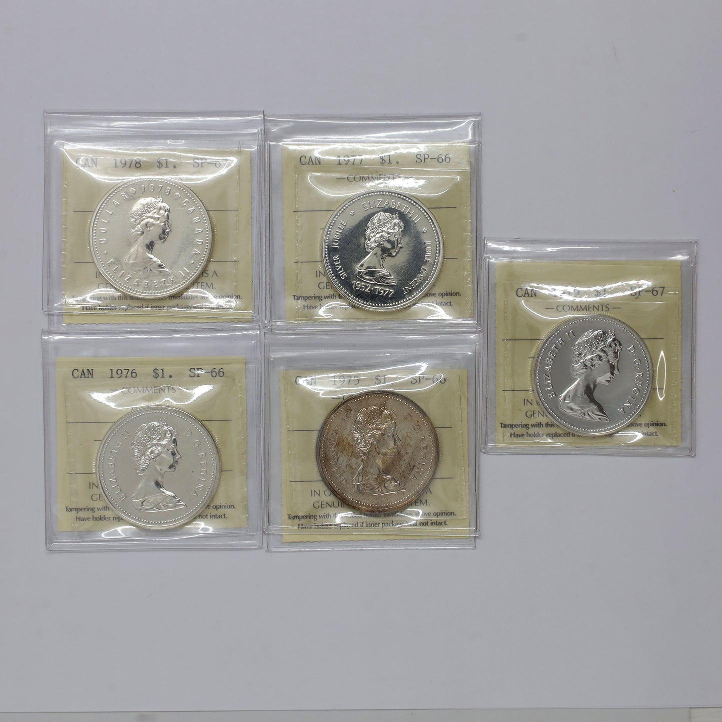 Lot of 5x 1975-1979 Canada Silver Dollars ICCS Certified SP66-SP67, 5pcs