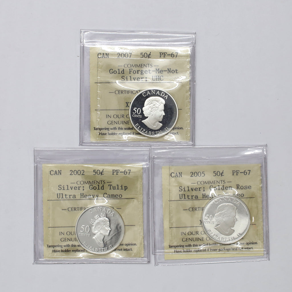 Lot of 3x 2002-2007 50-cents Canadian Golden Florals ICCS Certified PF67 UHC, 3pcs