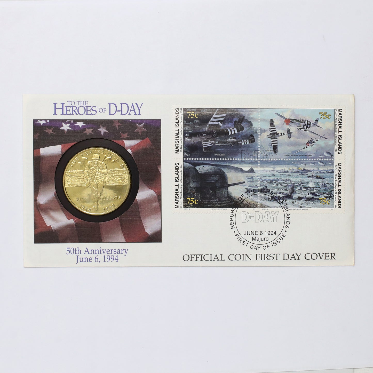 1994 Marshall Islands Heroes of D-Day $5 Coin & Stamp First Day Cover