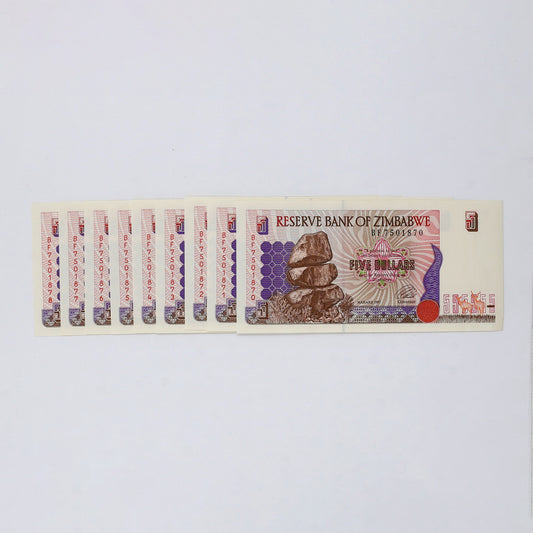 Lot of 9x Consecutive Zimbabwe 1997 $5 Notes, 9pcs