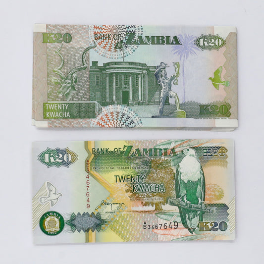 Bundle of 94x Zambia 1992 20 Kwacha Consecutive Notes
