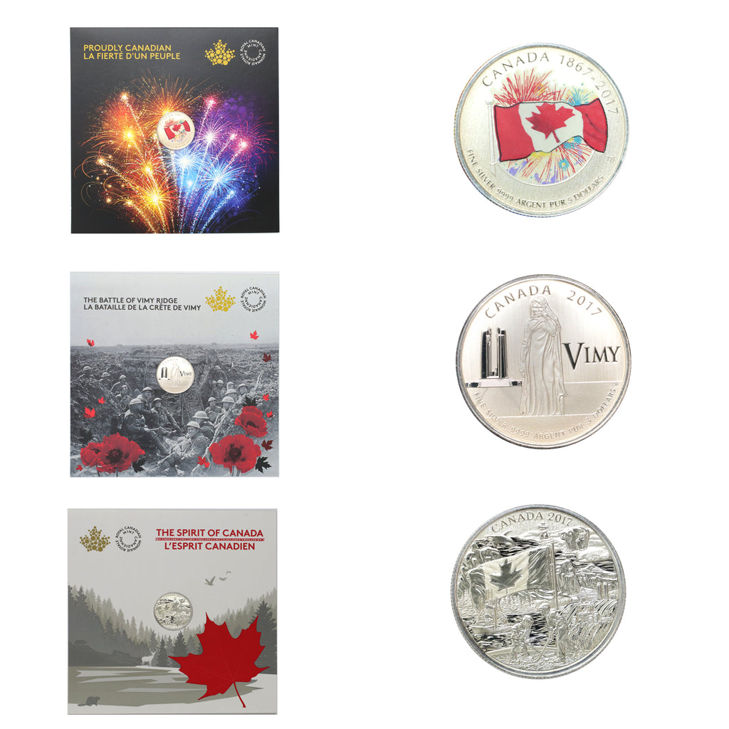 Lot of 3x 2017 Canada $3 & $5 RCM Fine Silver Coins in Cards (No Tax) lightly toned