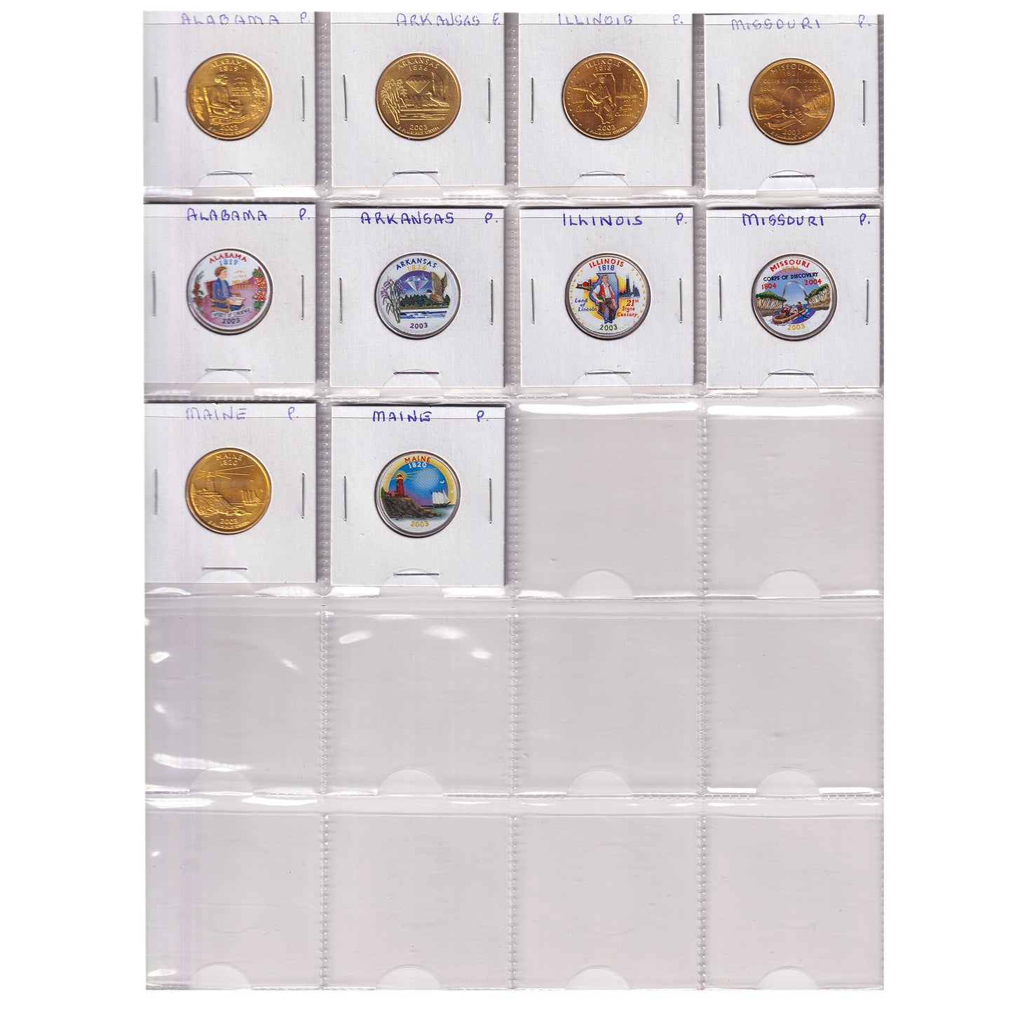 Lot of 10x 2003 USA Gold Plated & Colourized State Quarters, 10pcs