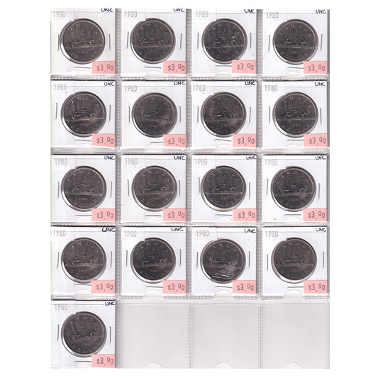 Group Lot of 36x 1980 & 1982 Canada Nickel Dollars, All UNC, 36pcs