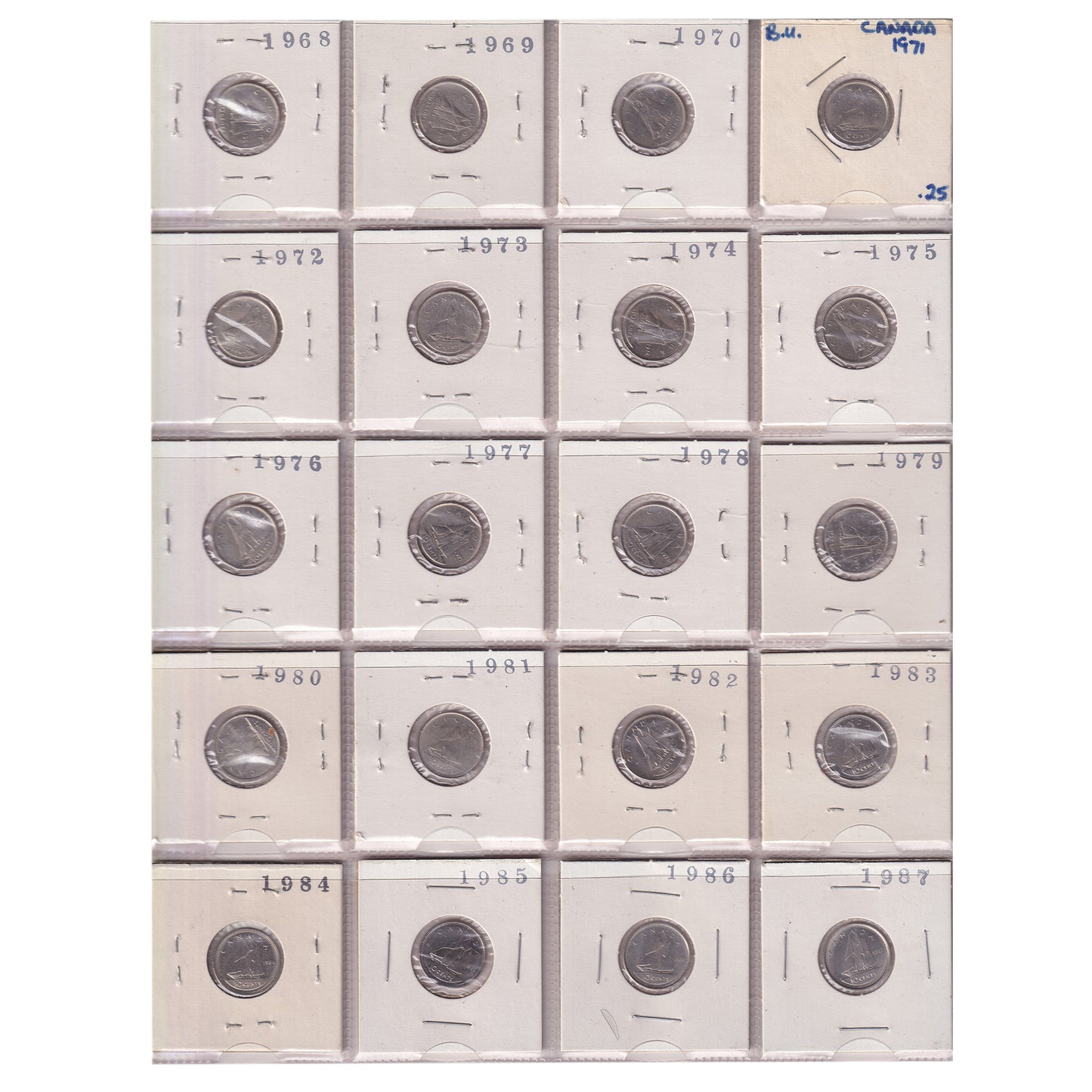 Estate Lot of 210x 1968-2021 Canada 10-cents in White Binder