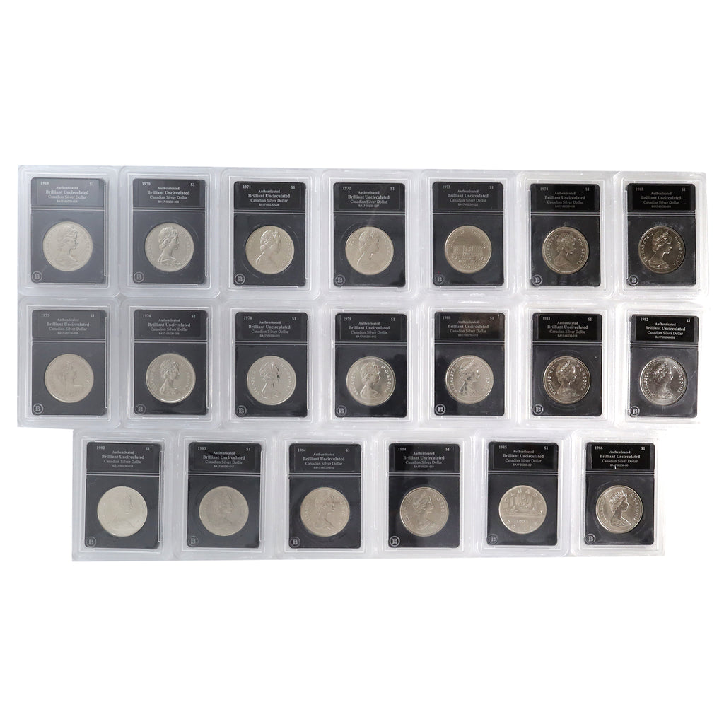 Lot of 20x 1968-1986 Canada Dollars Certified BU by Bradford Exchange, 20pcs (scratches)