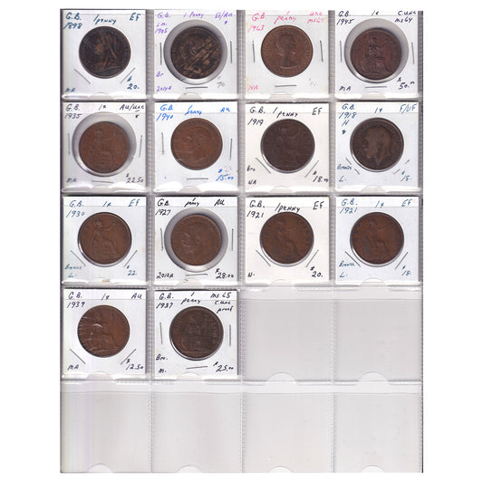 Group Lot of 14x Great Britain 1898-1963 Pennies, 14pcs, F-VF to Gem BU, 14pcs