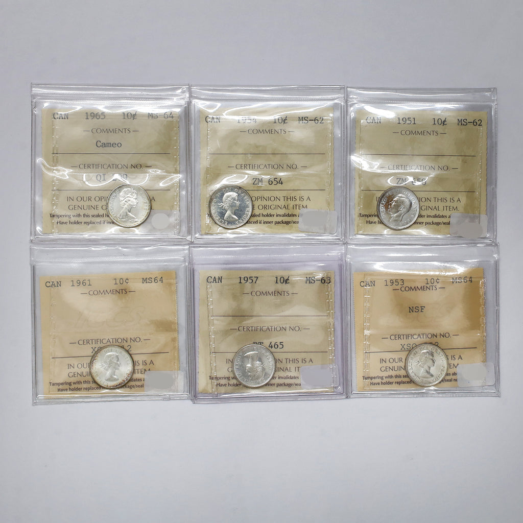 Lot of 6x 1951-1965 Canada 10-cents ICCS Certified MS62 to MS64, 6pcs