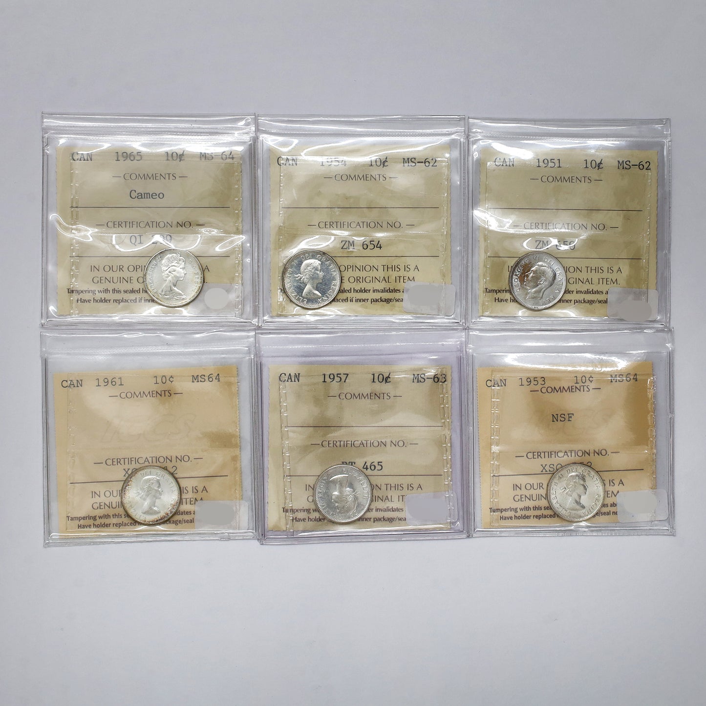 Lot of 6x 1951-1965 Canada 10-cents ICCS Certified MS62 to MS64, 6pcs