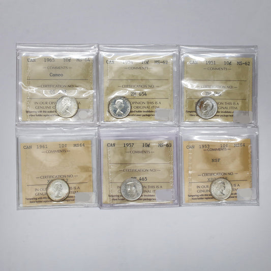 Lot of 6x 1951-1965 Canada 10-cents ICCS Certified MS62 to MS64, 6pcs
