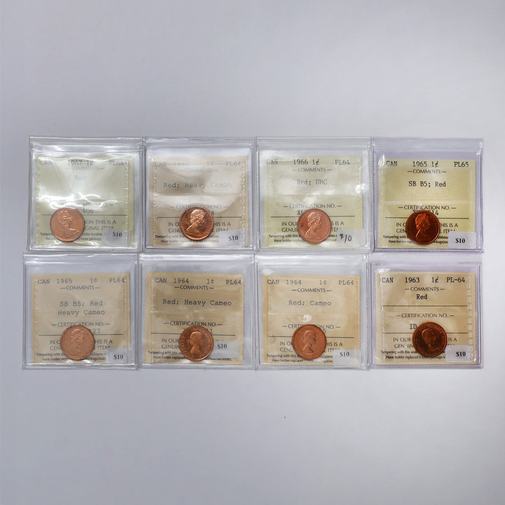 Lot of 8x 1963-1967 Canada 1-cents ICCS Certified PL64 or PL65 Red, 8pcs