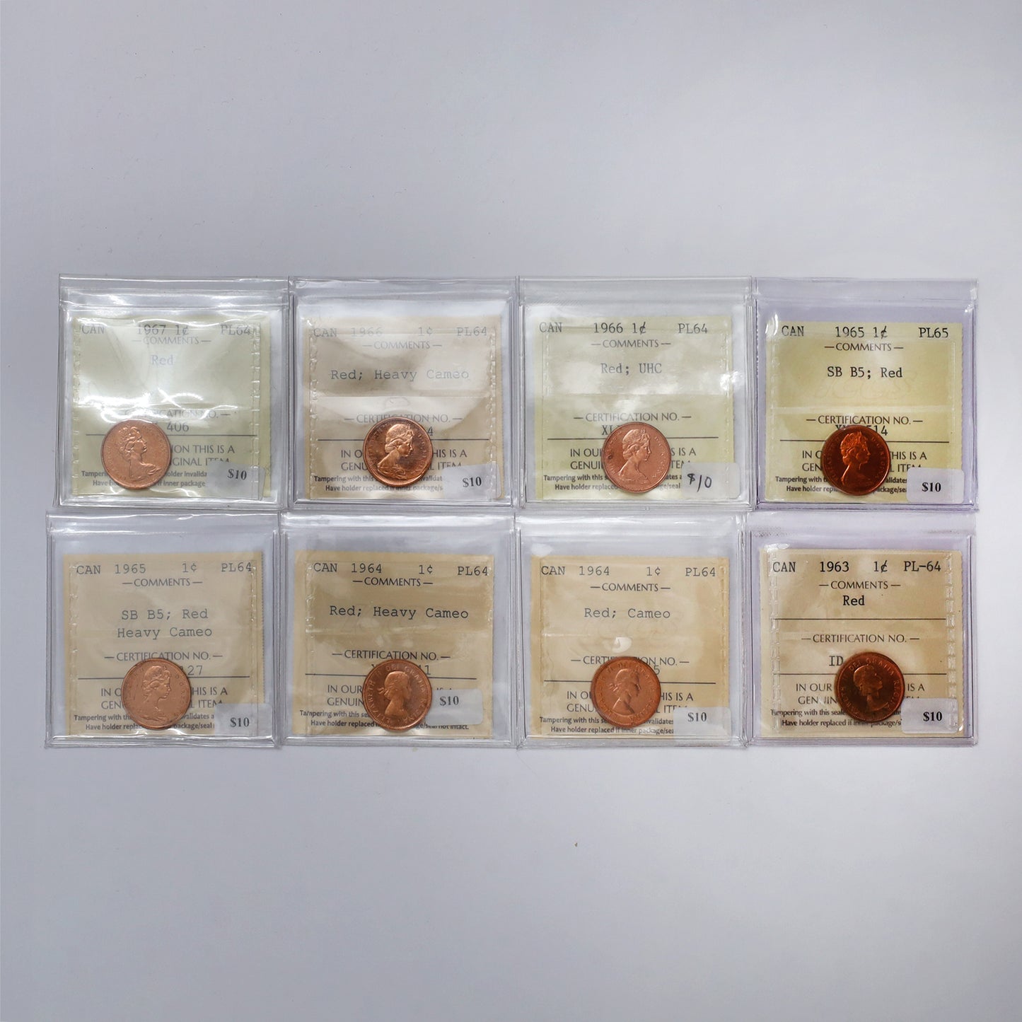 Lot of 8x 1963-1967 Canada 1-cents ICCS Certified PL64 or PL65 Red, 8pcs