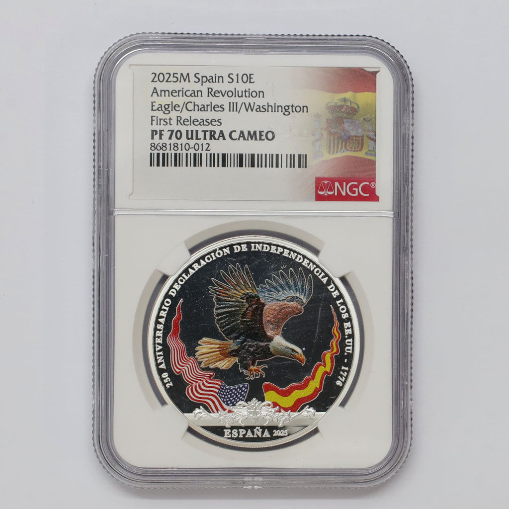 Spain 2025M 10 Euro American Revolution .925 Silver Proof NGC Cert. PF70 UHC 1st Release
